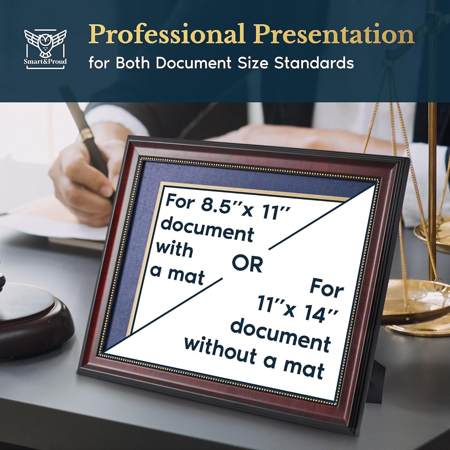 Wooden College Diploma Frame 8.5 x 11 &#x2013; Blue Mat with Golden Rim &#x2013; Certificate Frame 11x14 without Mat &#x2013; Graduation Gift &#x2013; Degree Frame and Certificate Holder College &#x2013; Document Frame