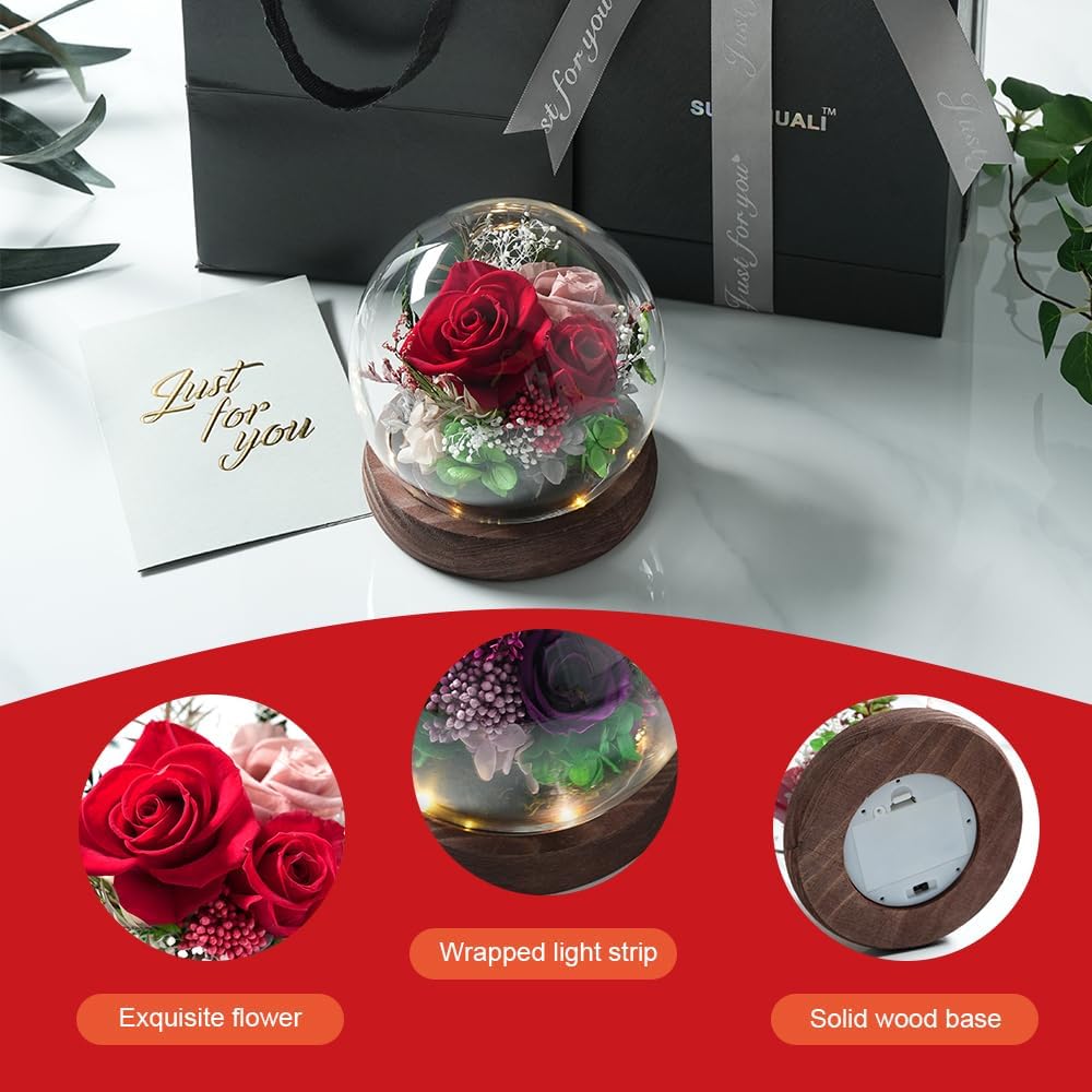 Preserved Flowers in Glass Dome, Long-Lasting Eternal Roses Birthday Gifts for Women Mom Grandma Wife Girlfriend Forever Flowers for Delivery Prime