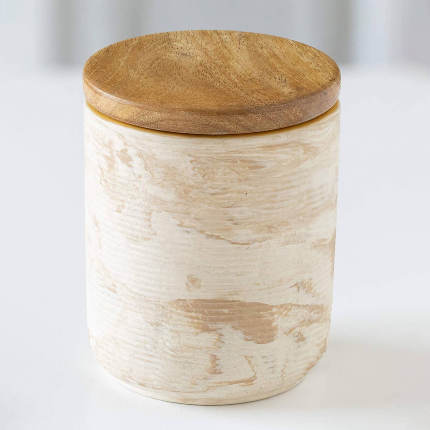 Handcrafted Ceramic Jar with Wooden Lid &#x2013;Stylish &#x26; Sustainable Storage-3.5X3.5X4.3&#x22;