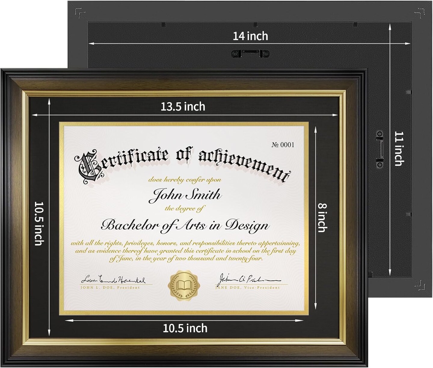 8.5x11 Diploma Frame with Black over Gold Acid-free Mat or Display 11x14 Document without Mat, Certificate Frame with Tempered Glass, Tabletop or Wall Mount (1 Pack, Walnut/Black)