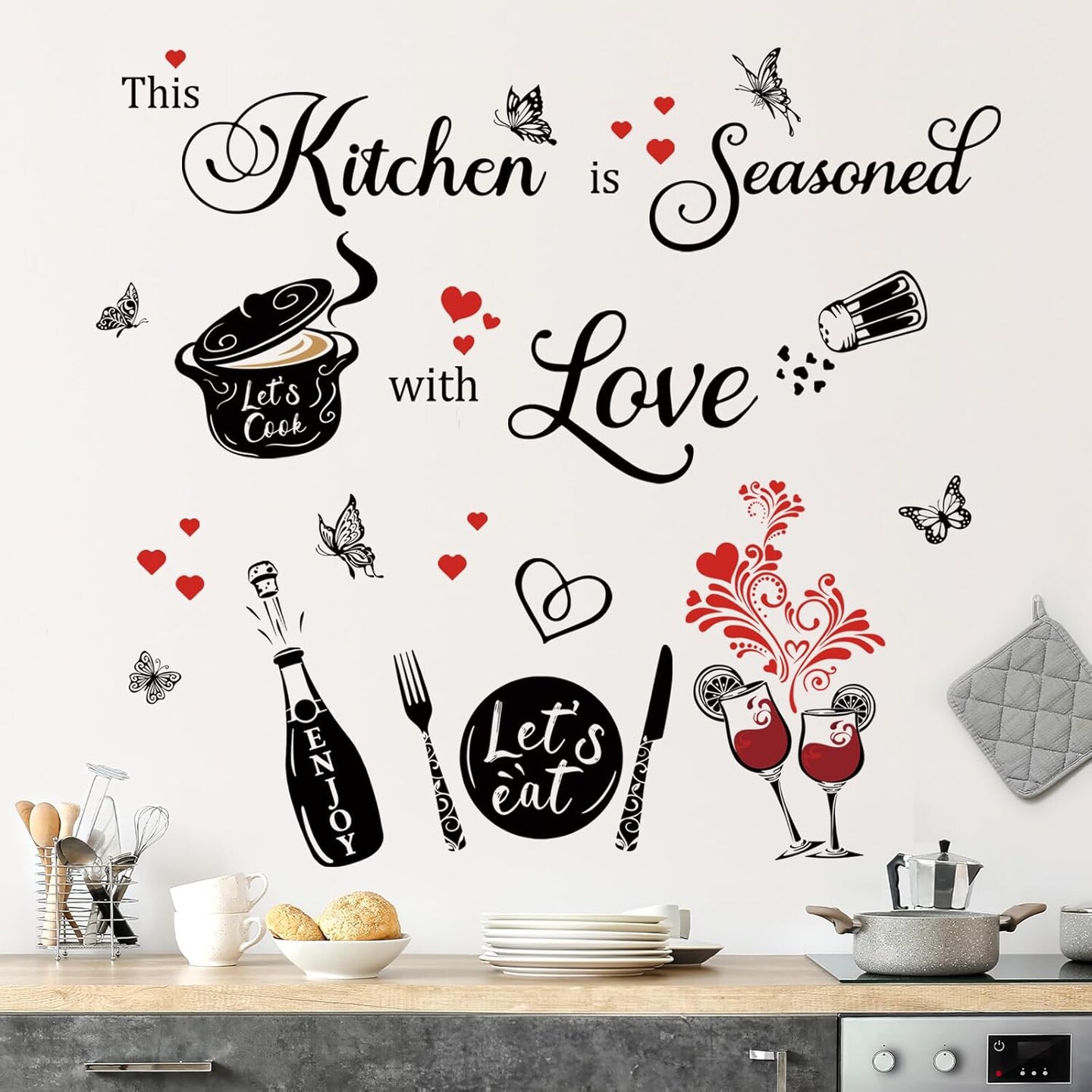Kitchen Quotes Wall Stickers This Kitchen is Seasoned with Love Saying Red Heart Peel (Multi)