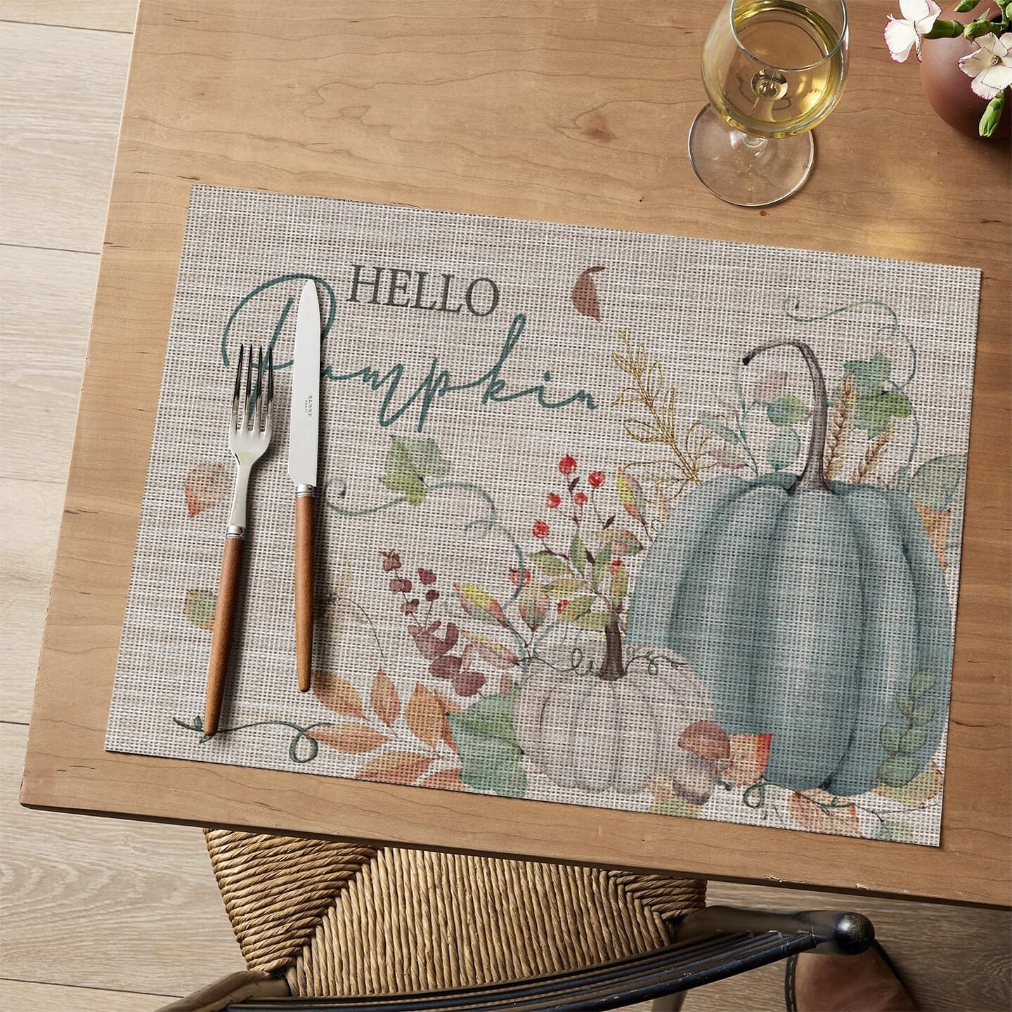 Blue Hello Pumpkin Leaves Fall Vinyl Placemats Set of 4(Blue)