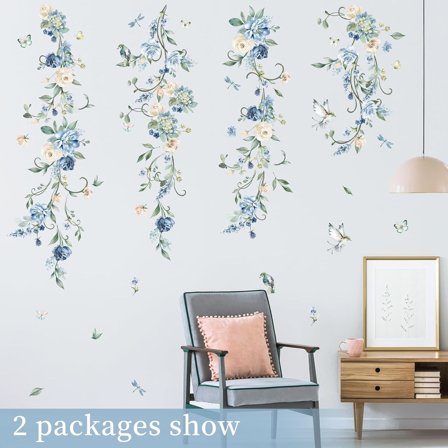 Flower Vines Wall Stickers Blue Rose Watercolor Floral Peel and Stick Wall Art Decals (Multi)