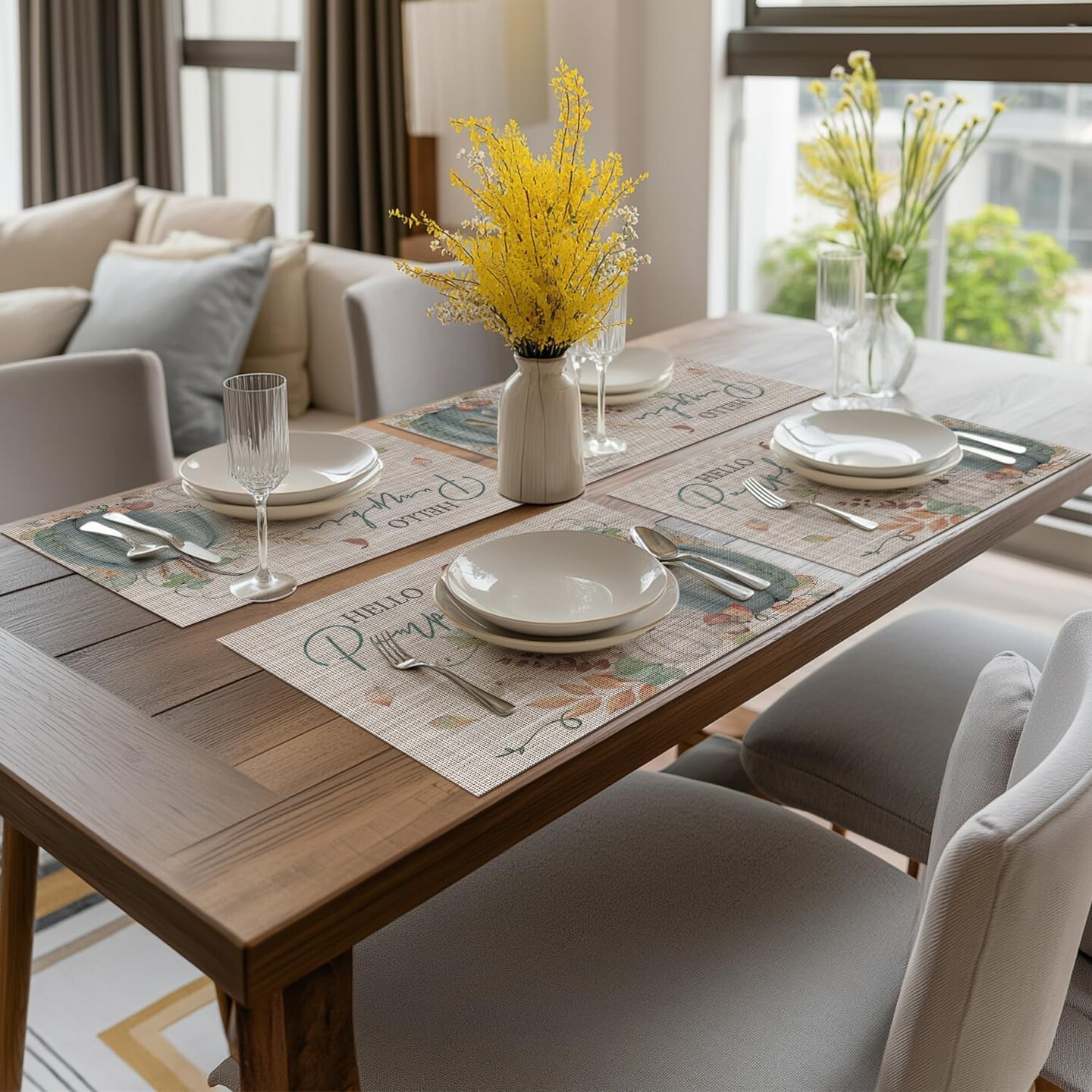 Blue Hello Pumpkin Leaves Fall Vinyl Placemats Set of 4(Blue)