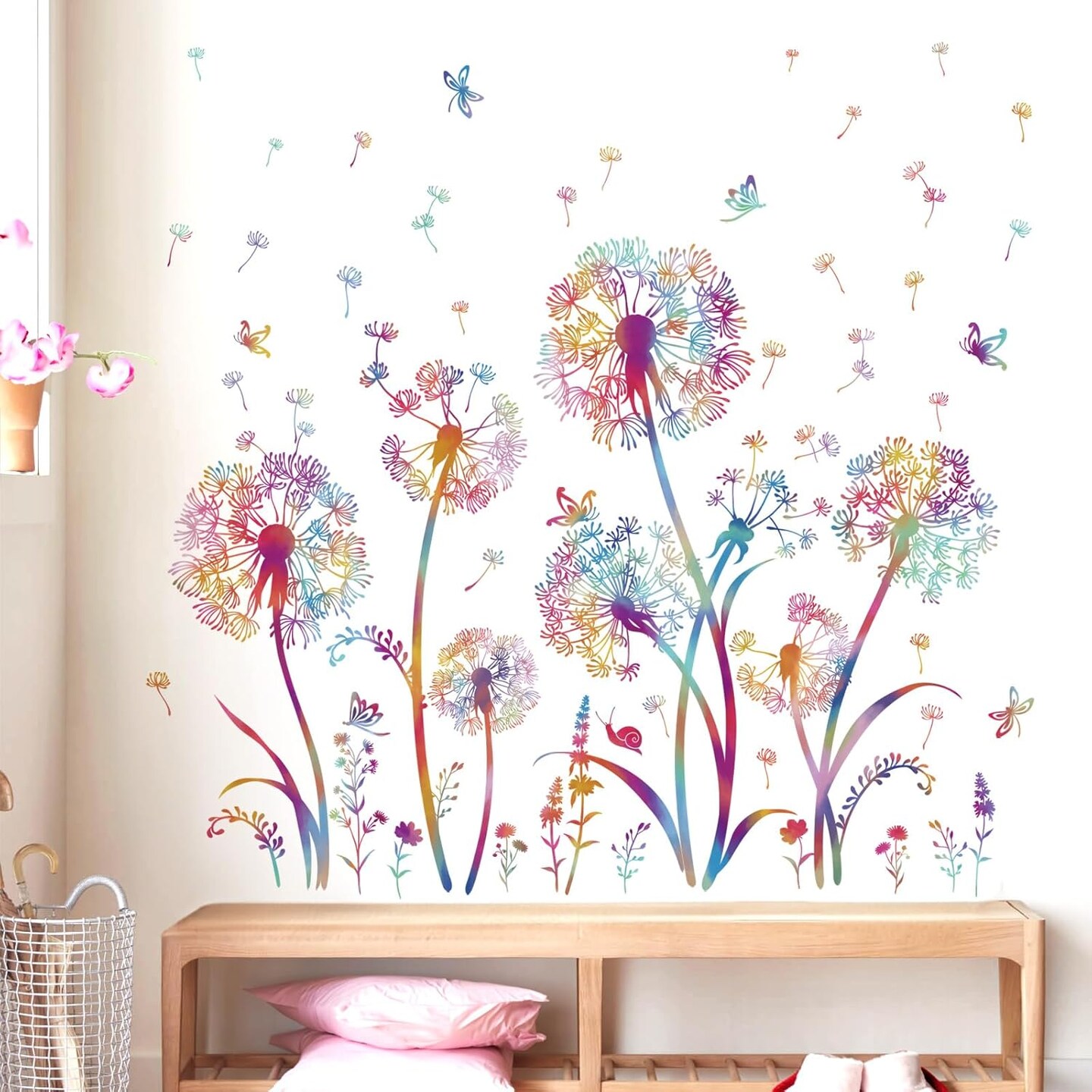 Colorful Blowing Dandelion Wall Decals Flying Flowers Butterflies Floral Peel (Multi)