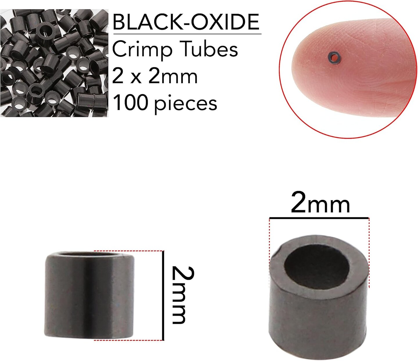 The Beadsmith Tube Crimp Beads, 2 x 2mm, 100 Pieces, Black Oxide Color, Uniform Cylindrical Shape, No Sharp Edges, Designed to Secure The Ends of Jewelry Stringing Wires and Cables