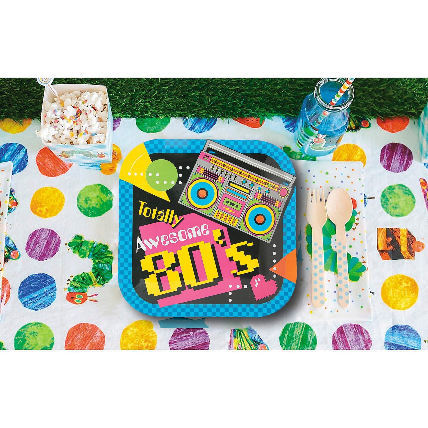 8 Ct. 80's Party Square Dessert Plates Neon Boombox Design 7" Paper Plates