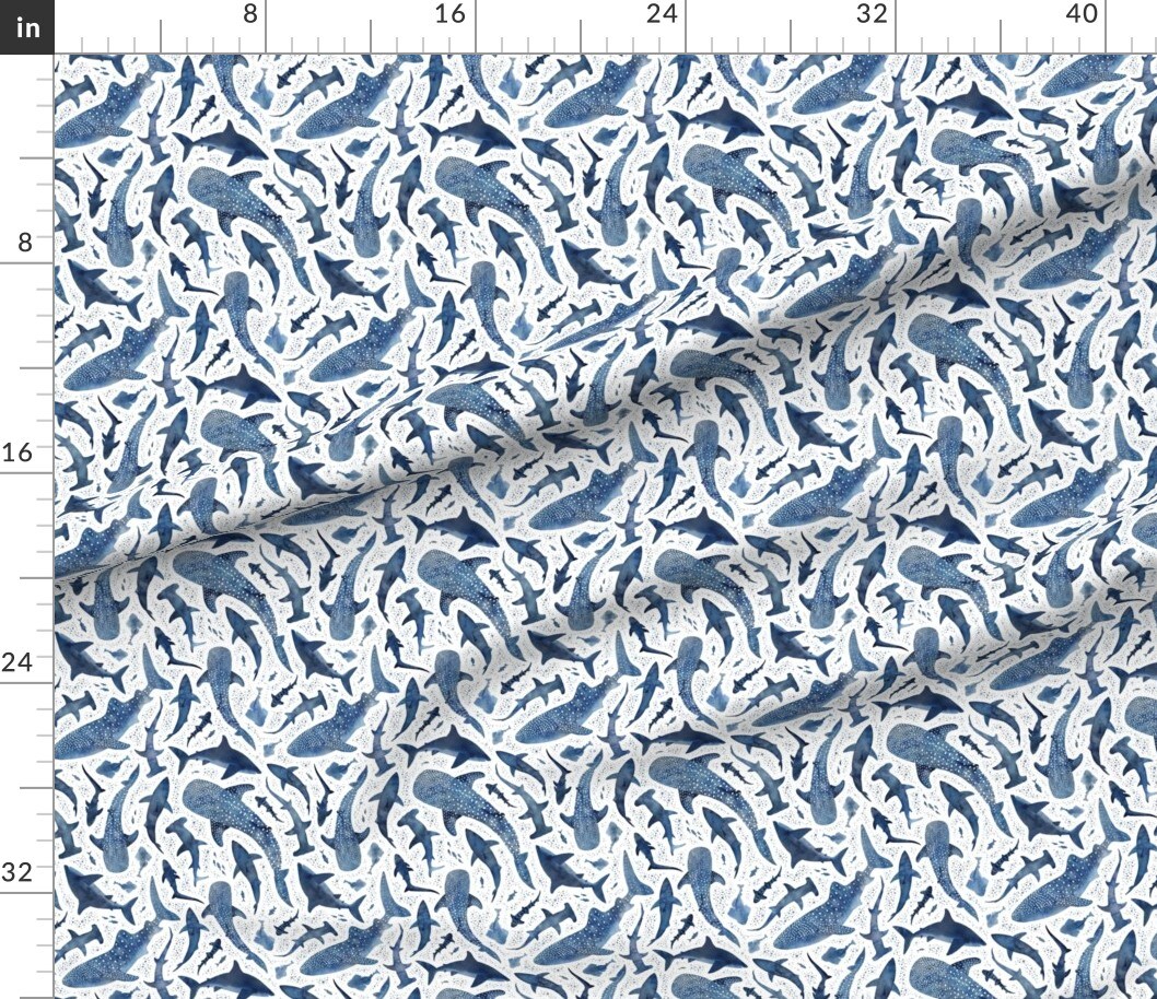 Various Fabrics by the Yard or Fat Quarter Ocean Under The Sea Coastal Nature Kids Beach Sharks Whale Marine Life Small Scale Playroom Blue Monochrome Great White Shark Biology Custom Printed Fabric by Spoonflower