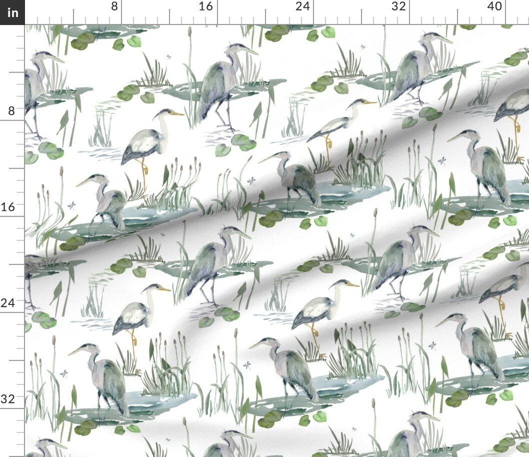 Watercolor Marsh Pond Heron Birds Nature Coastal Cattails Seaside Coast Beach Egret Large Scale House Vacation Home Traditional Blue Cottage Custom Printed Fabric by Spoonflower Various Fabrics by the Yard or Fat Quarter