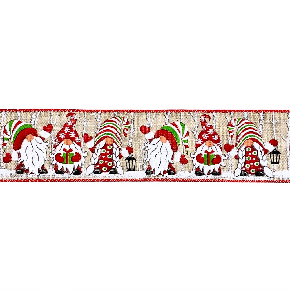 Designer&#x2019;s Shop WR 63-5203 Christmas Gnome Wired Edge Ribbon &#x2013; 2.5&#x22; x 10 Yards &#x2013; Red Green Striped Hats &#x26; Holiday Lanterns on Natural Burlap