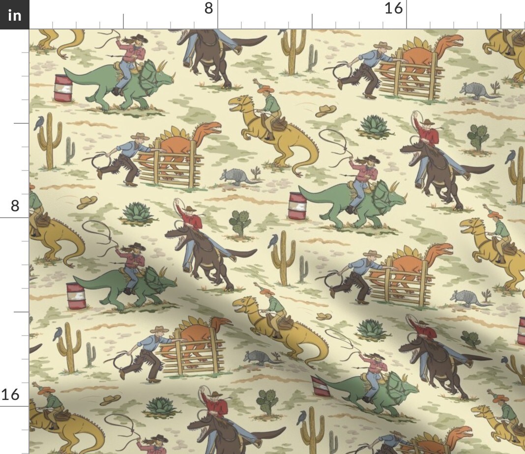 Wild West Cowboy Cowgirl Dinosaurs Kids Rodeo Armadillo Southwest Lasso Barrel Racing Tyrannosaurus Rex Triceratops Stegosaurus Cactus Raven Custom Printed Fabric by Spoonflower Various Fabrics by the Yard or Fat Quarter