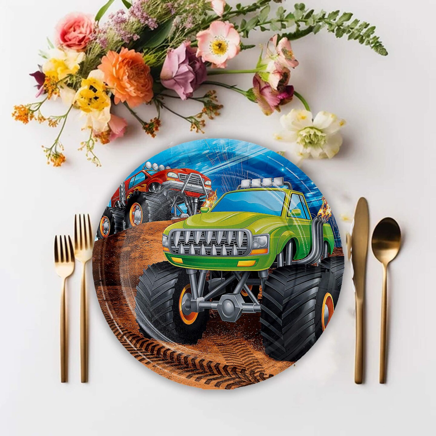 8 Count Monster Truck Party Paper Dessert Plates 7 Inch Disposable Tableware for Kids Birthday Celebration