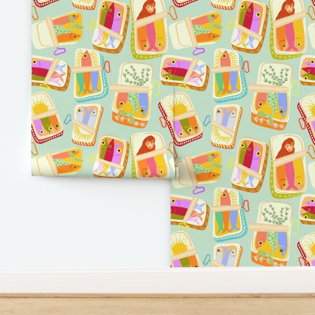Whimsical Mermaid Tail Fish Tinned Novelty Colorful Quirky Mermaids Under The Sea Ocean Sardines Pink Green Red Orange Sun Yellow Sunshine Custom Pre-pasted Wallpaper by Spoonflower Pre-Pasted Wallpaper 2FT Wide