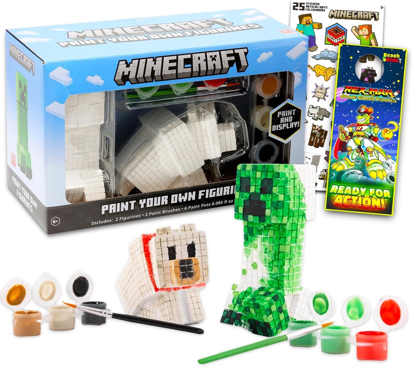 Paint Your Own Figurines Set - Bundle with DIY Painting Set Featuring Creeper and Wolf Plus Stickers, More | Minecraft Painting Kit for Kids, Boys, Girls