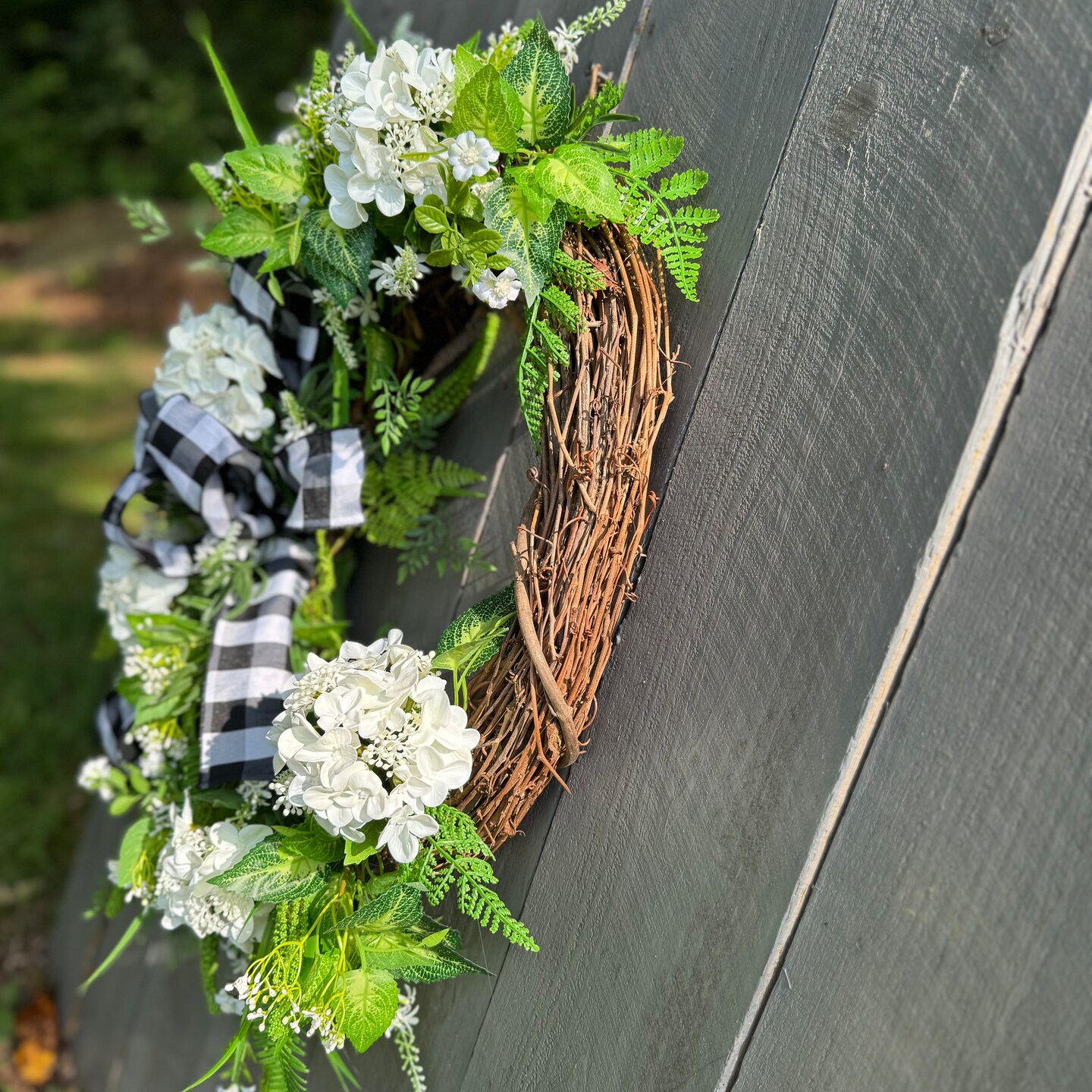 Hydrangea Grapevine Wreath with Black and White Plaid Ribbon