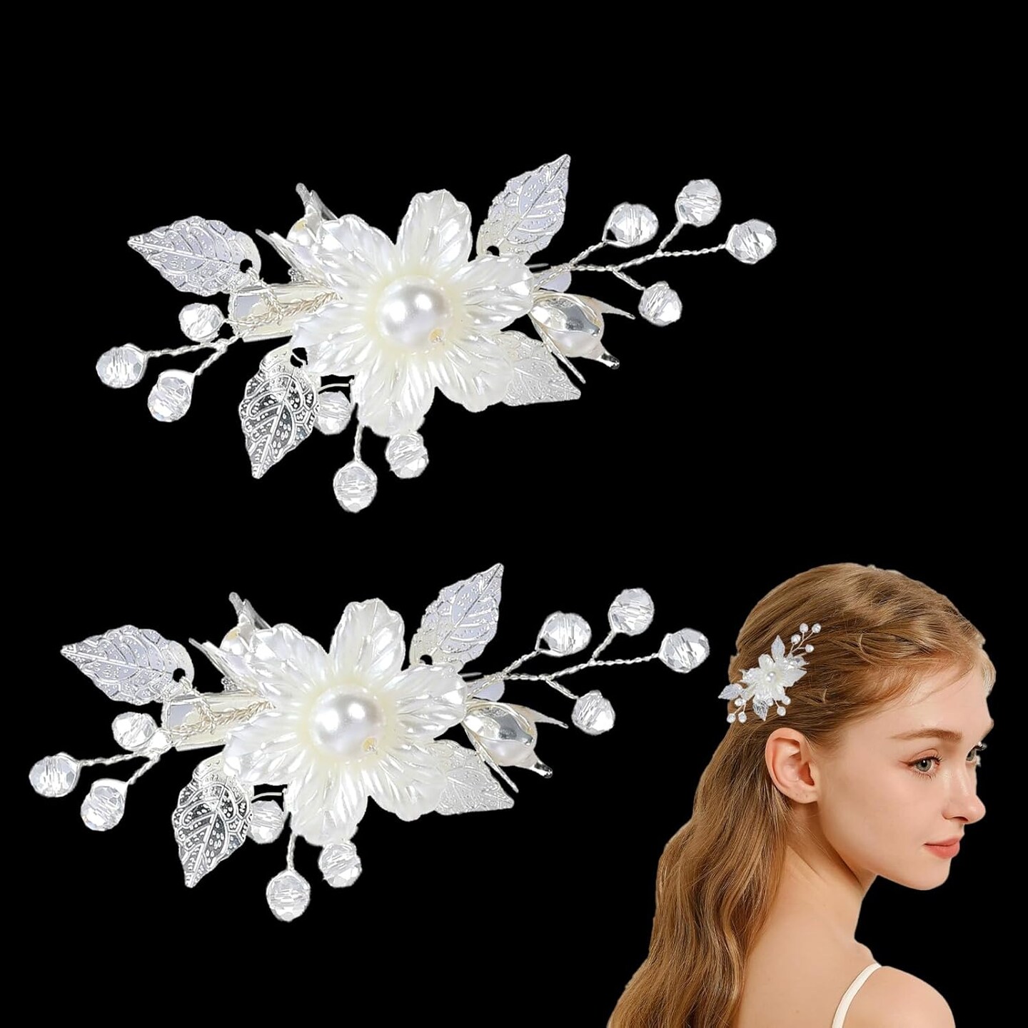 2PCS Flower Girl Hair Clips – White Magnolia Bridal Hair Accessories with Silver Vine, Elegant Floral Hair Pins for Women & Girls Wedding, Party & Special Occasions