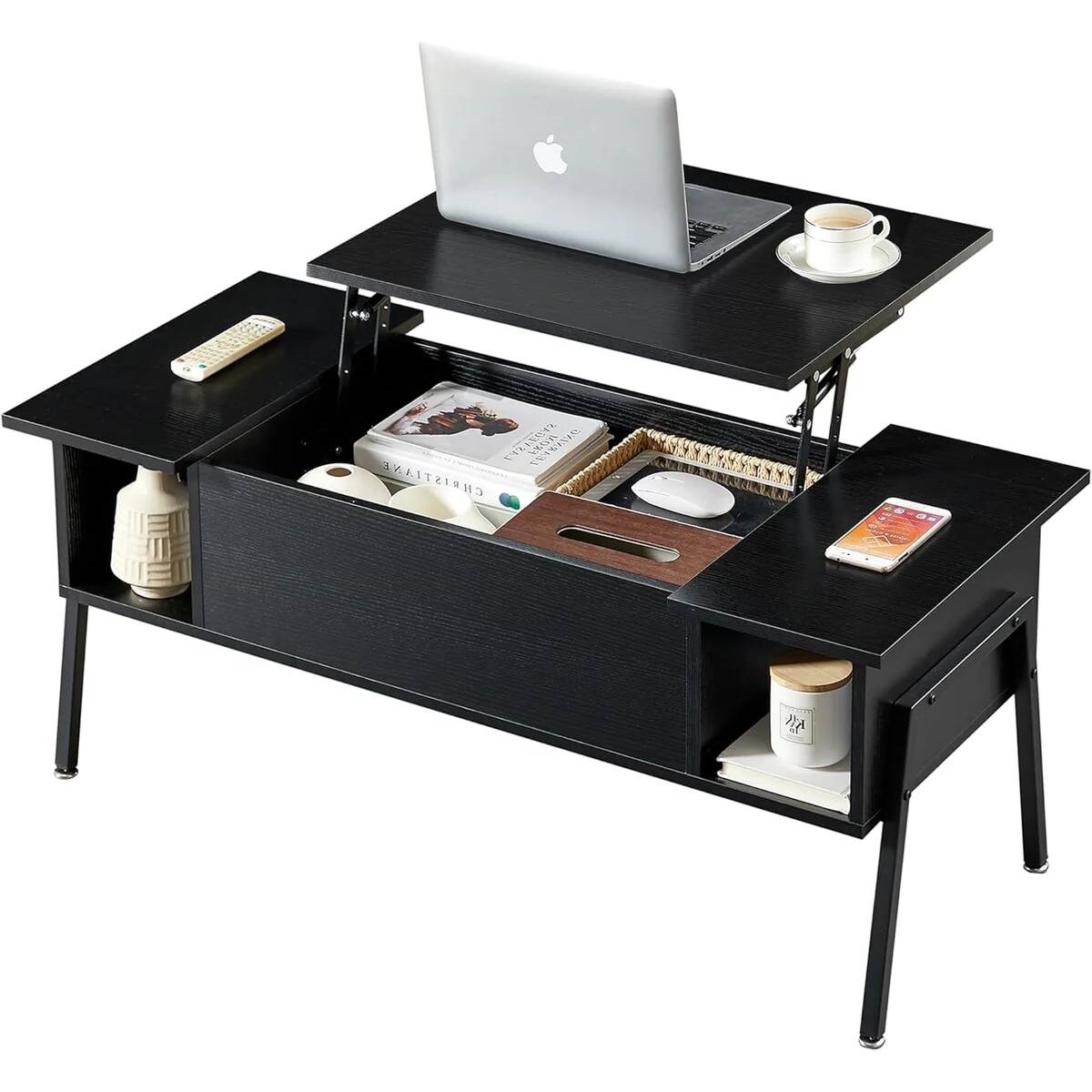 Modern Wood Coffee Table with Lift-Top Adjustable Desk and Storage Shelf for Living Room