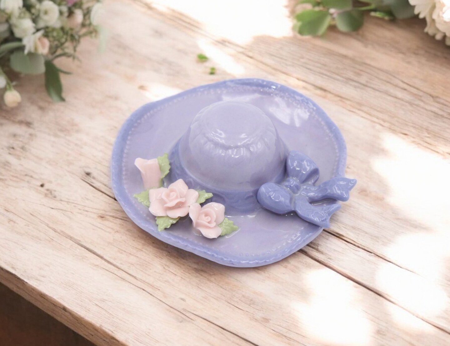 Ceramic Purple Hat with Rose Flowers Figurine, Home Decor, Gift for Her, Gift for Mom