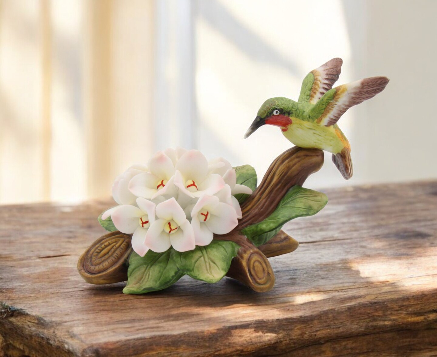 Ceramic Hummingbird with Hydrangea Flower Figurine, Garden Decor, Vintage Decor, Bird Watcher Gift, Gift for Her, Gift for Mom