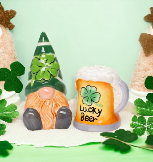 Ceramic Saint Patrick's Day Gnome with Beer Salt and Pepper Shakers, Irish Beer, Fairy Garden Decor, Lucky Beer, Gift for Him, Drinking Buddy Gift
