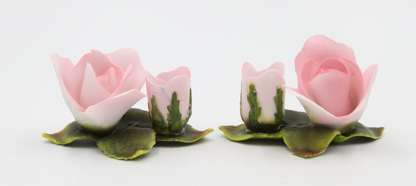 Ceramic Pink Rose Flowers with Buds Candle Holders - Set of 2, Romantic Decor, Garden Decor, Vintage Decor, Gift for Mom