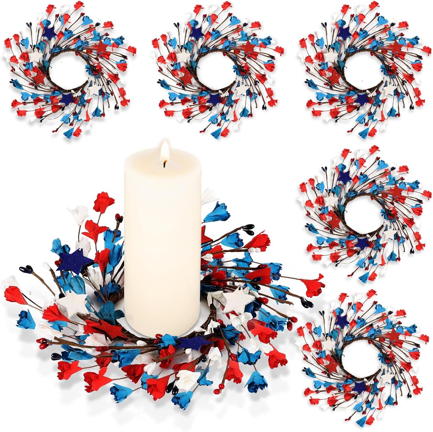 6 Pcs Mini 4th of July Wreaths Patriotic Red White and Blue Candle Rings Independence Day Memorial Day Farmhouse Artificial Garland Pillars Holder Decoration for Table Decor
