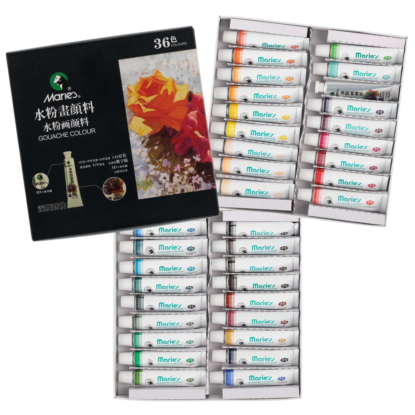 Marie's Artist Gouache Paint Sets - Highly Pigmented Gouache for Painting, Artists, Illustrators & Designers - Set of 36 Assorted Color Tubes (12mL/0.4oz)