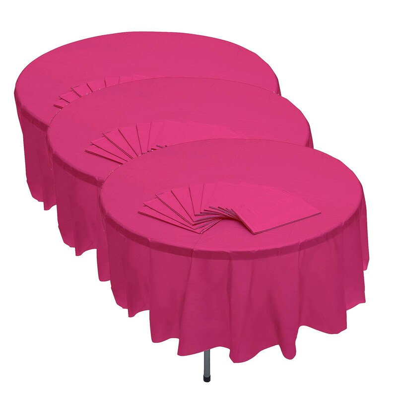 82&#x22; Bulk Pack of 12 Hot Pink Banquet Style Round Disposable Plastic Tablecloths