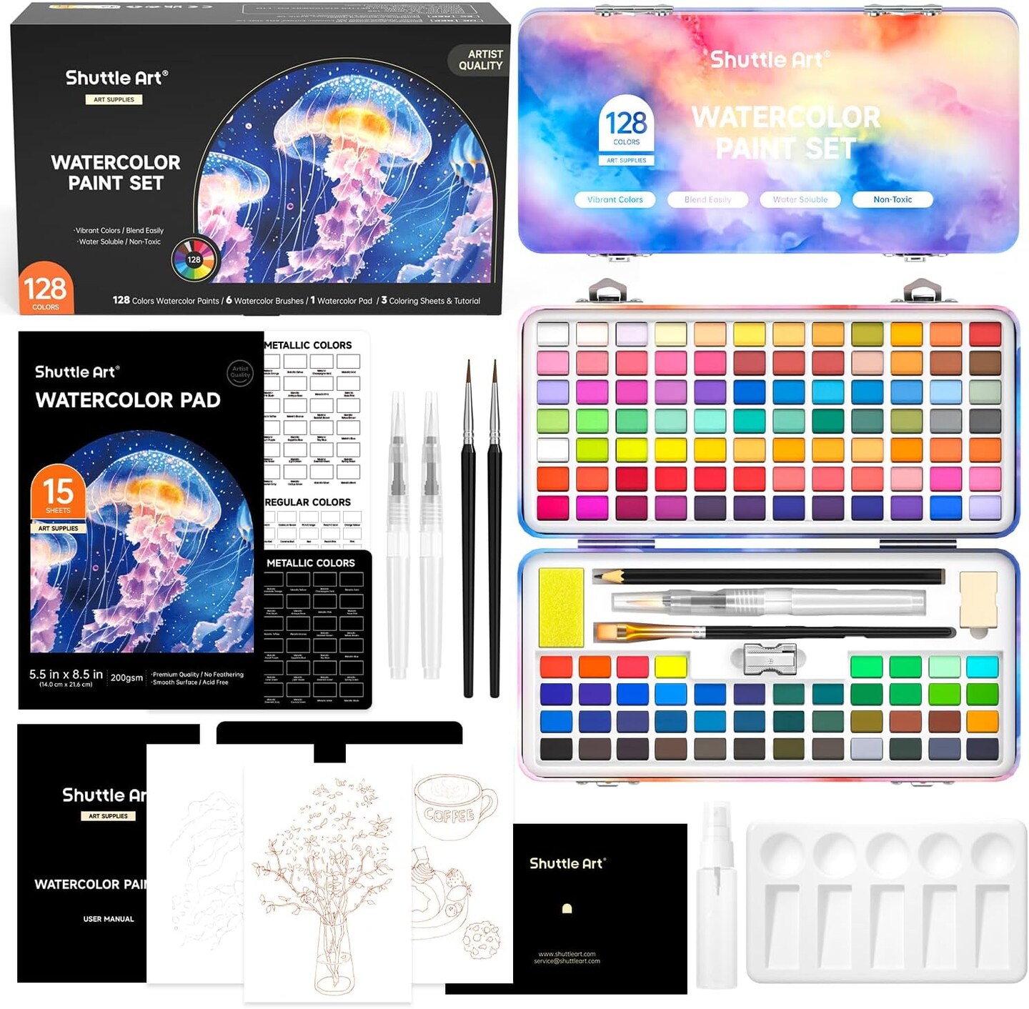 Watercolor Paint Set, 128 Vibrant Colors with Metallic Shades, Travel Water Color Set with Watercolor Brushes, Palette, Watercolor Sketchbook and Coloring Sheets