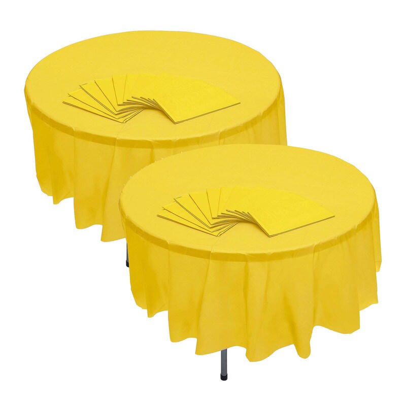 82&#x22; Bulk Set of 12 Yellow Disposable Round Plastic Tablecloths Banquet-Style