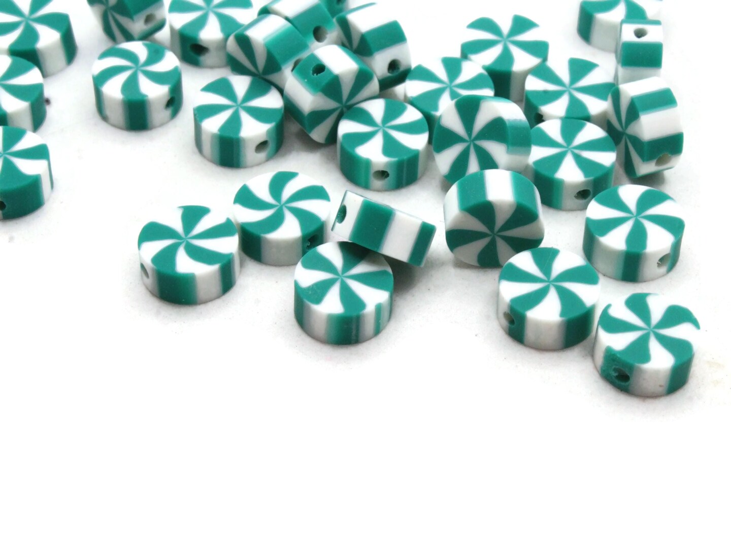 30 9mm Peppermint Polymer Clay Green and White Christmas Small Loose Coin Beads