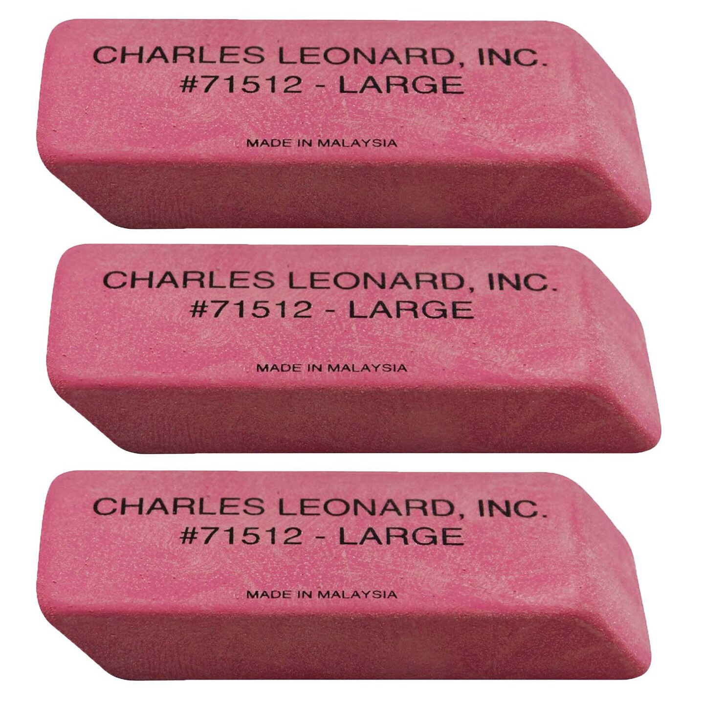 Charles Leonard Large Natural Rubber Pink Wedge Erasers, 12 Per Box, 3 Boxes