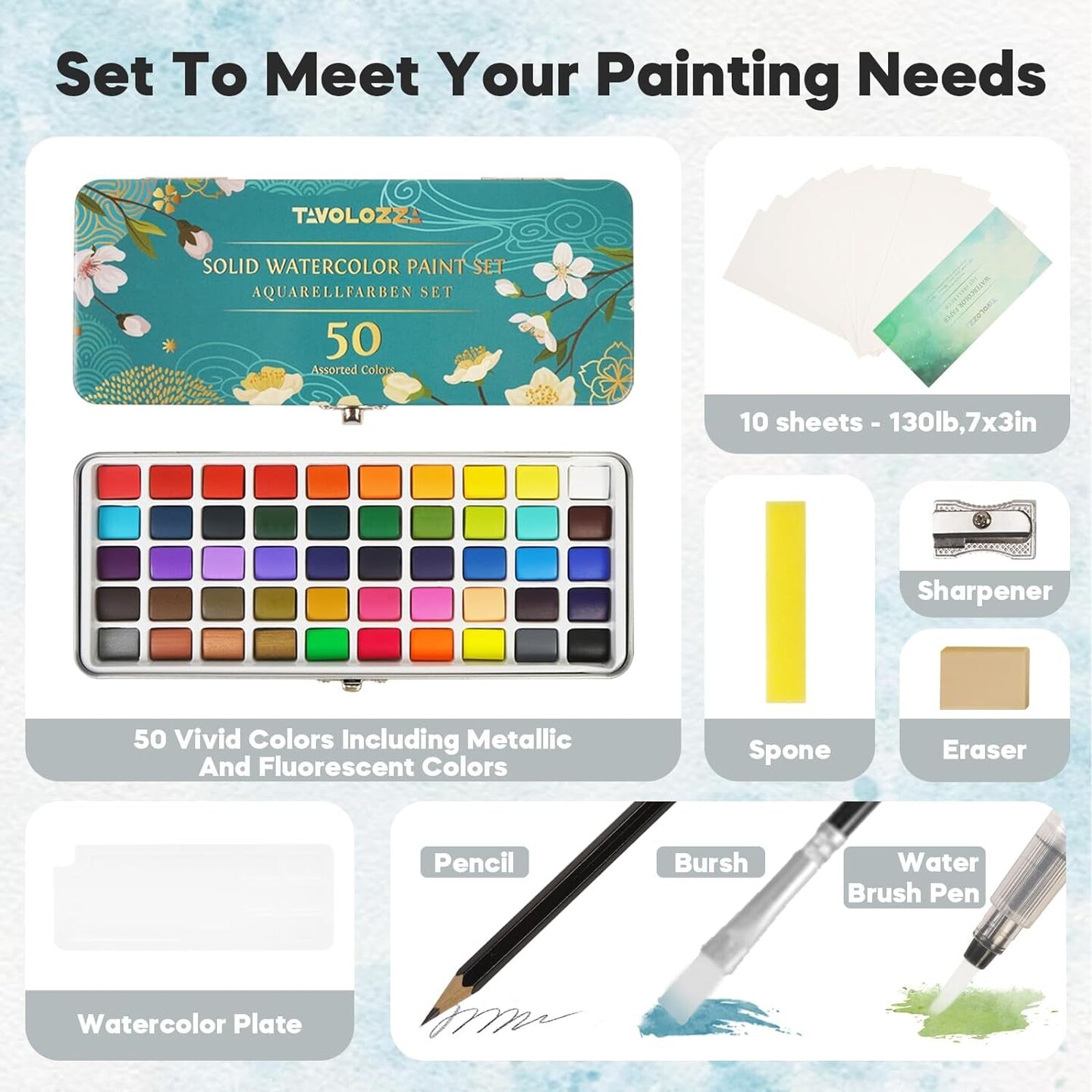 TAVOLOZZA Watercolor Paint Set, 50 Vivid Colors Including Metallic and Fluorescent Colors in Gift Box,Perfect Watercolor Set for Artists, Painting Lovers