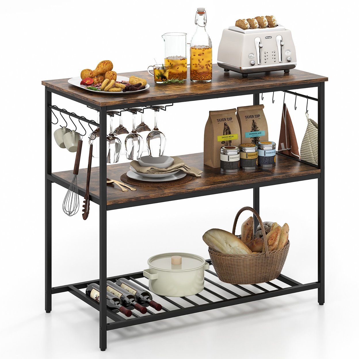 Kitchen Island 3-Tier Prep Table With Wine Glass Holders Large Worktop