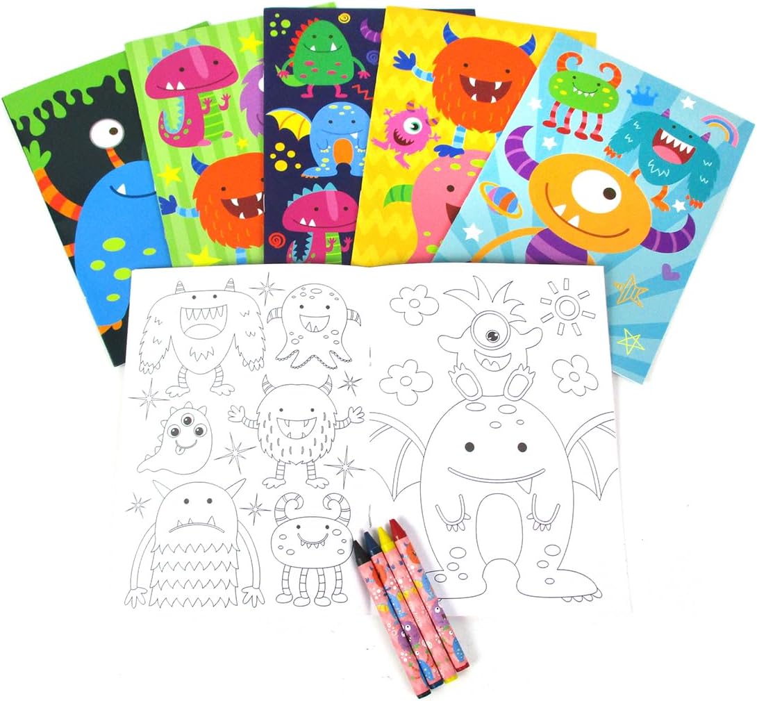TINYMILLS Monster Coloring Book Set with 12 Coloring Books and 48 Crayons Monster Birthday Party Favor Bag Filler Carnival Prizes Rewards Classroom Party Halloween Favors