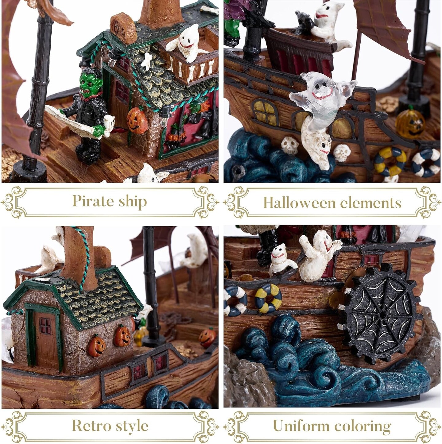 Scary Halloween Village Decorations Indoor for Home Decor, 10Inch Lighted Cute Halloween Resin House Statue with Music and Light for Table Yard Garden Outdoor Party Decor