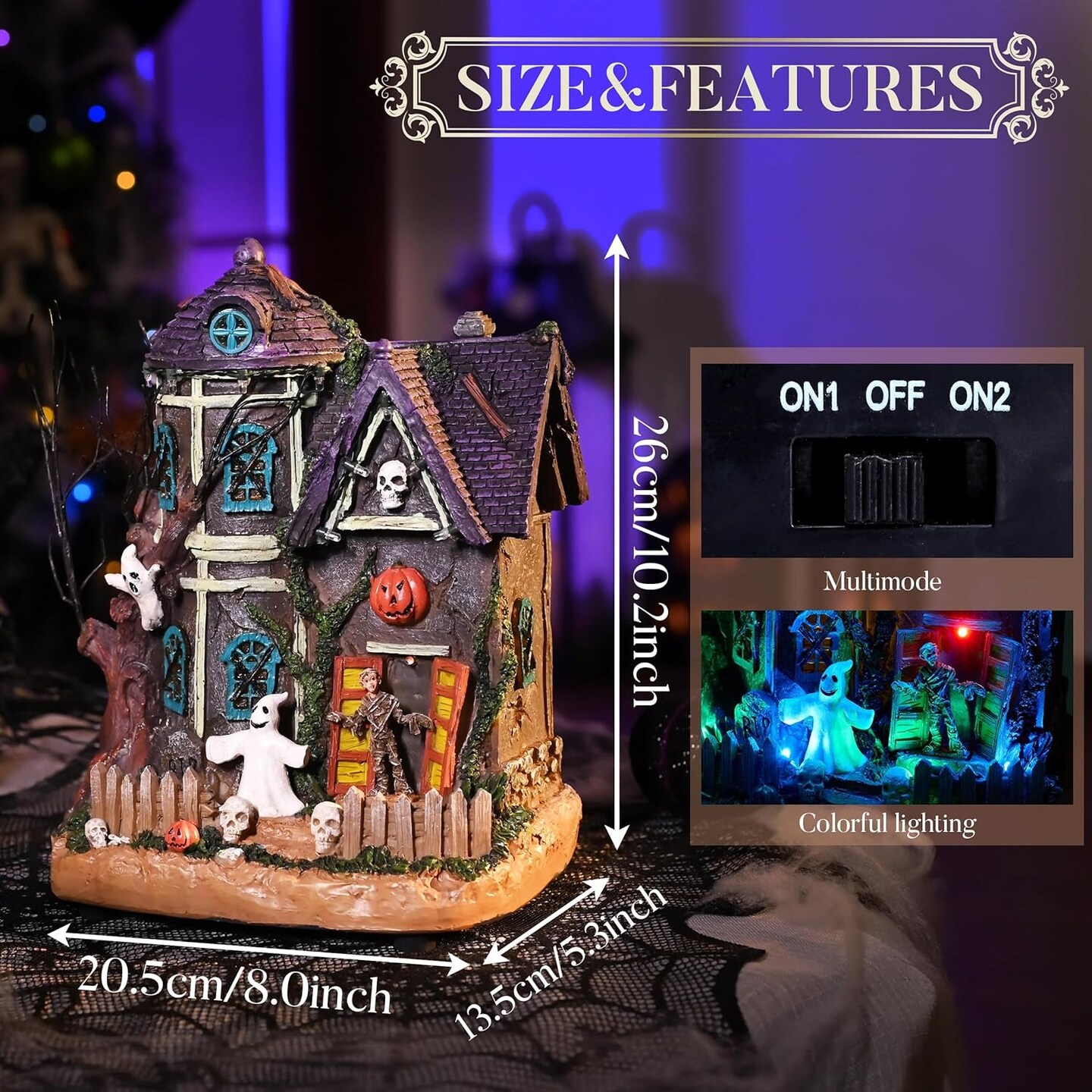 Halloween Village for Home Decor, 10Inch Lighted Cute Halloween House Resin Statue with Music and Colorful Light, Haunted House Gift for Table Yard Outdoor Indoor Party Decoration