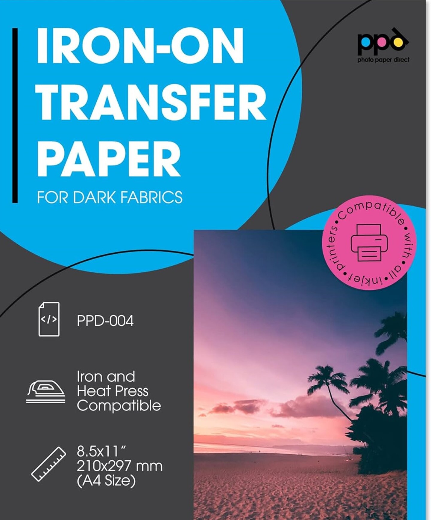 PPD Iron-on Transfer Paper For Dark Fabrics 8.50" x 11"-(10 Sheets)