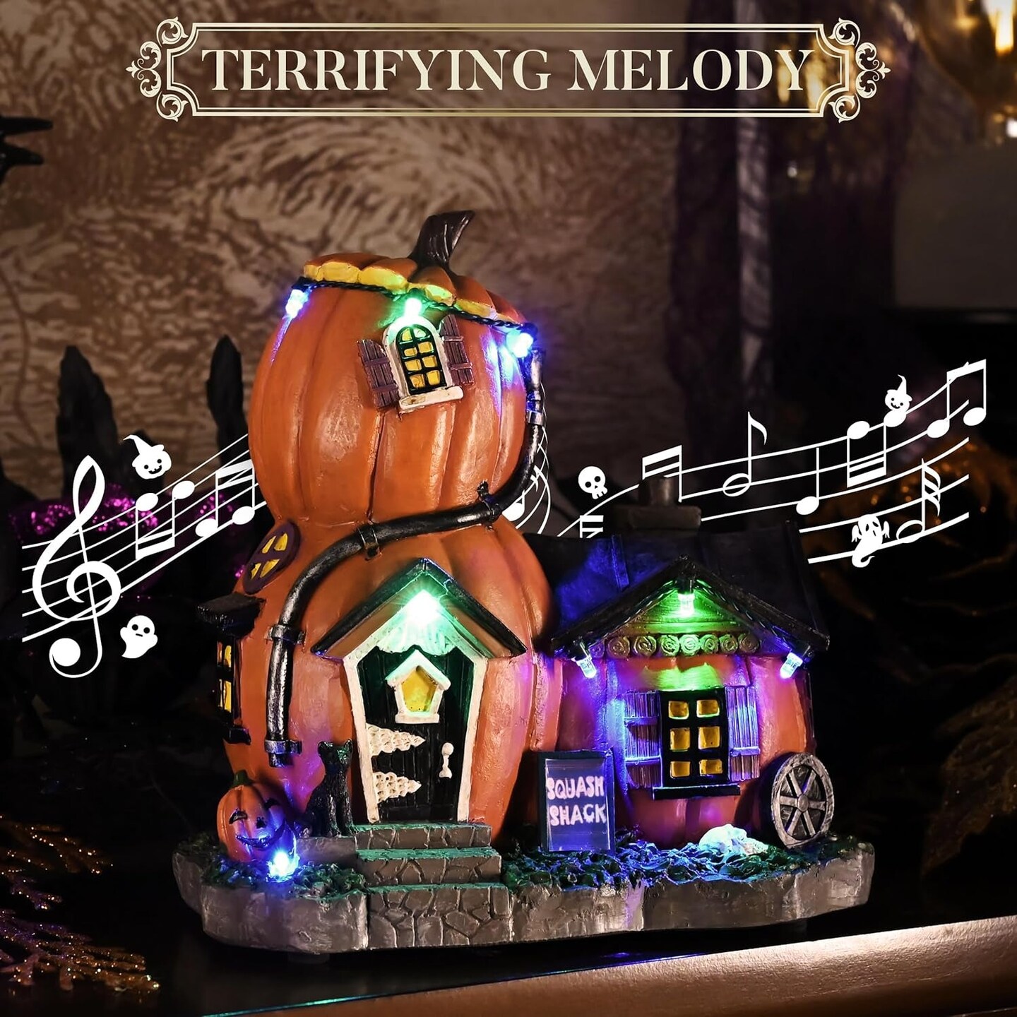 Halloween Village Decorations Indoor, 7Inch Lighted Vintage Halloween Pumpkin Haunted House Resin Statues with Music and Light for Table Yard Garden Outdoor Home Party Decor