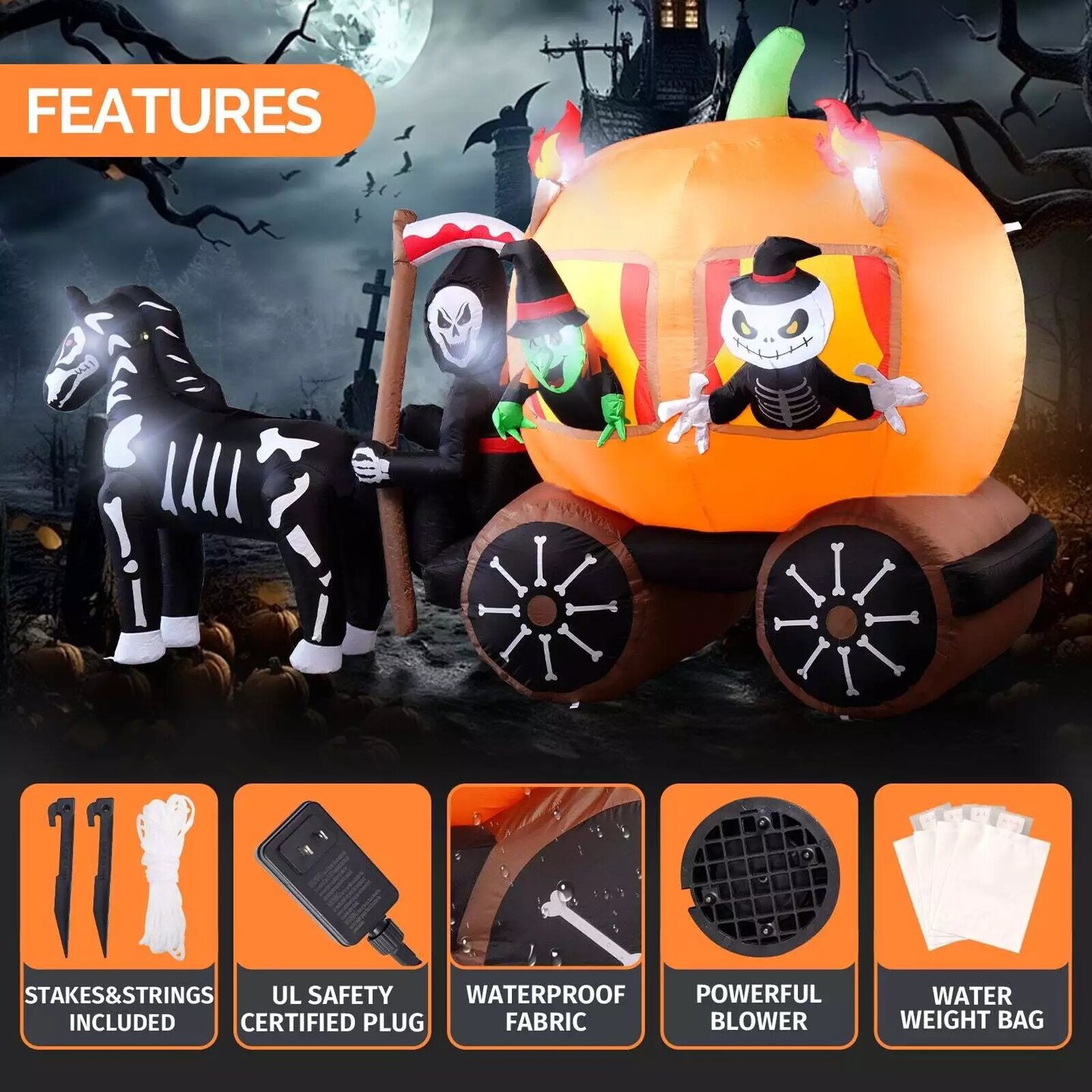 Kitcheniva 10ft Pumpkin Carriage Halloween LED Inflatable