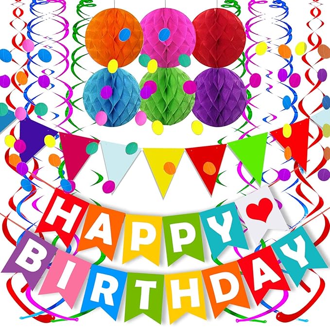 Colorful Happy Birthday Banner Paper Triangle Flag Bunting Circle Confetti Dots Hanging Garland And Honeycomb Ball Swirl Streamers for Birthday Baby Shower Party Decoration