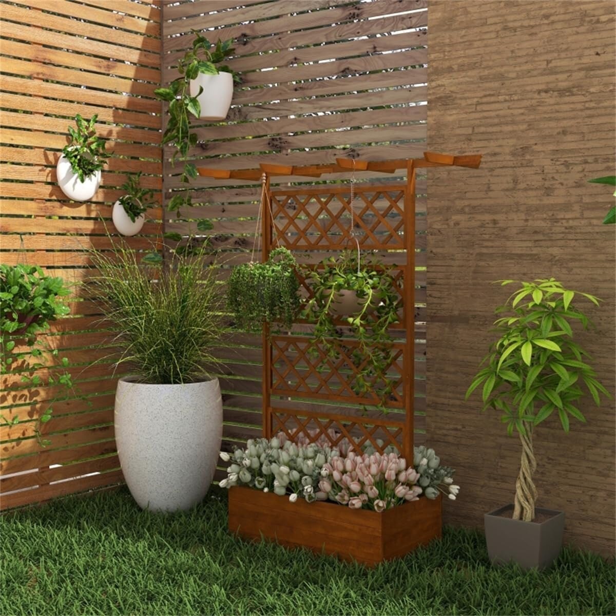 3-in-1 Fence Hanging Basket Flower Planter Box with Trellis
