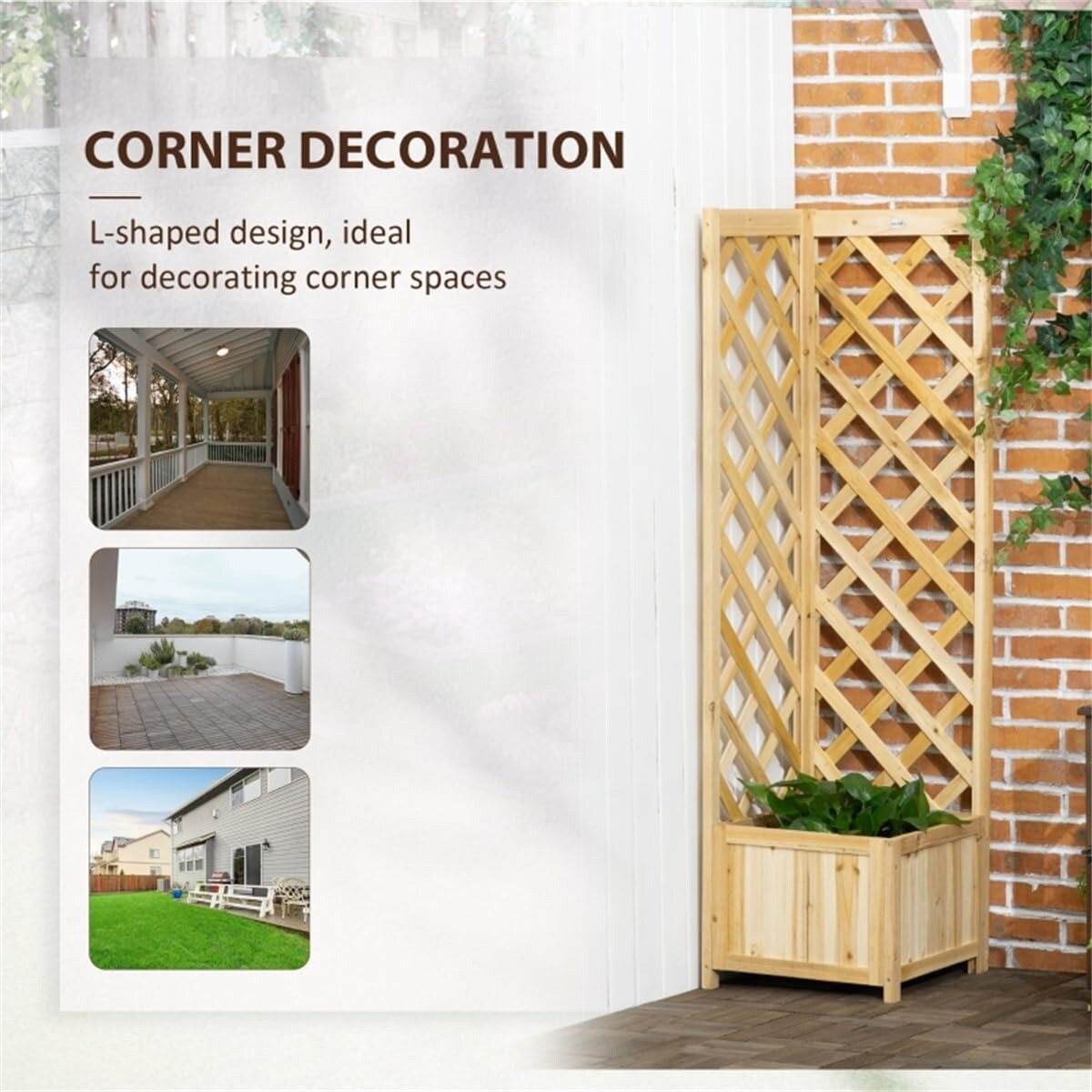 57&#x22; Carbonized Wooden Raised Garden Corner Planter Bed with Trellis