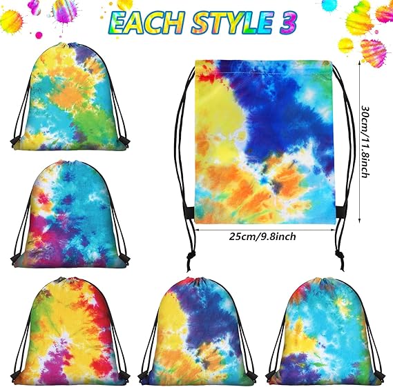 24 Pcs Tie Dye Party Favor Bags - 11.8 Inch Drawstring Backpack Goodie Gift Bags for Birthday Party Supplies