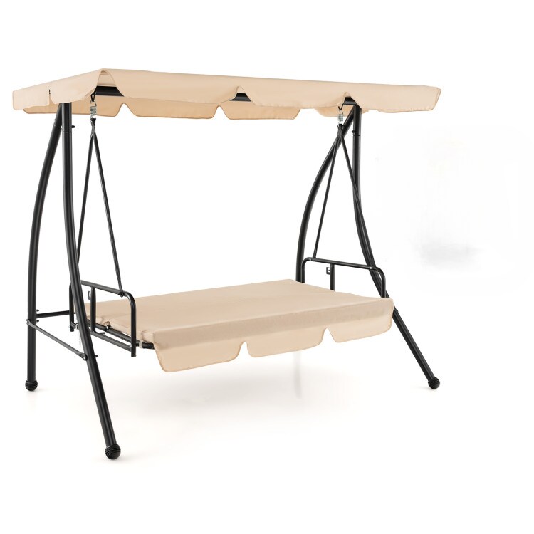 Outdoor Swing Chair 2 Person Converts to Bed with Adjustable Canopy Beige