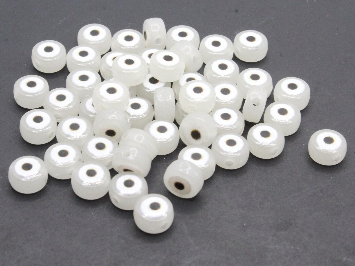 50 7mm Glow in the Dark Black and White Evil Eye Small Smooth Flat Round Disc Plastic Beads