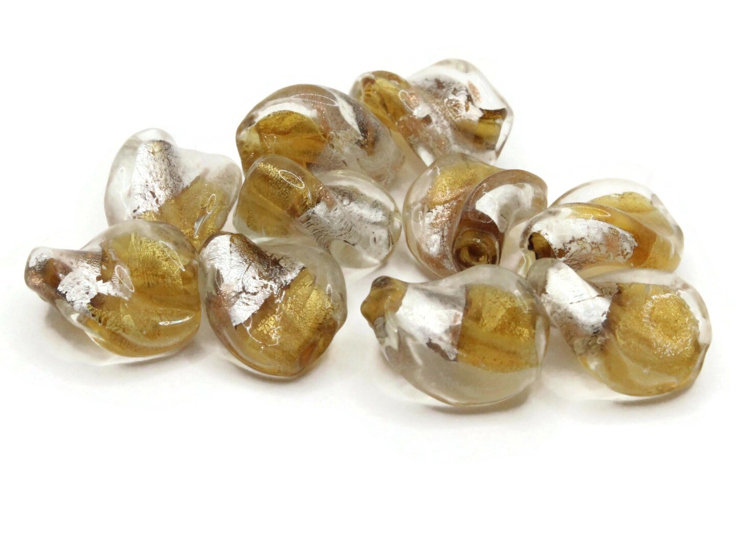 10 15mm Silver and Gold Lampwork Glass Flat Oval Twist Beads