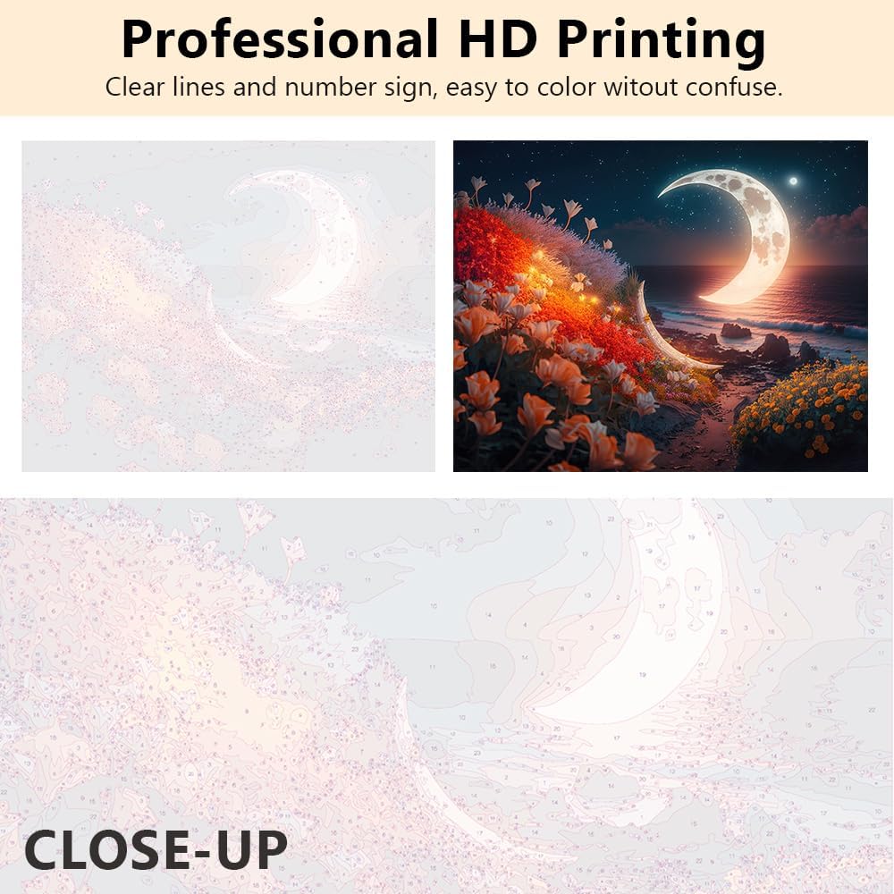 Moon Paint by Numbers, Moon and Flowers on The Beach at Night Paint by Number for Adult, Flowers Paint by Number Kits on Canvas for Home Wall Decoration, 16&#x22;x20&#x22;