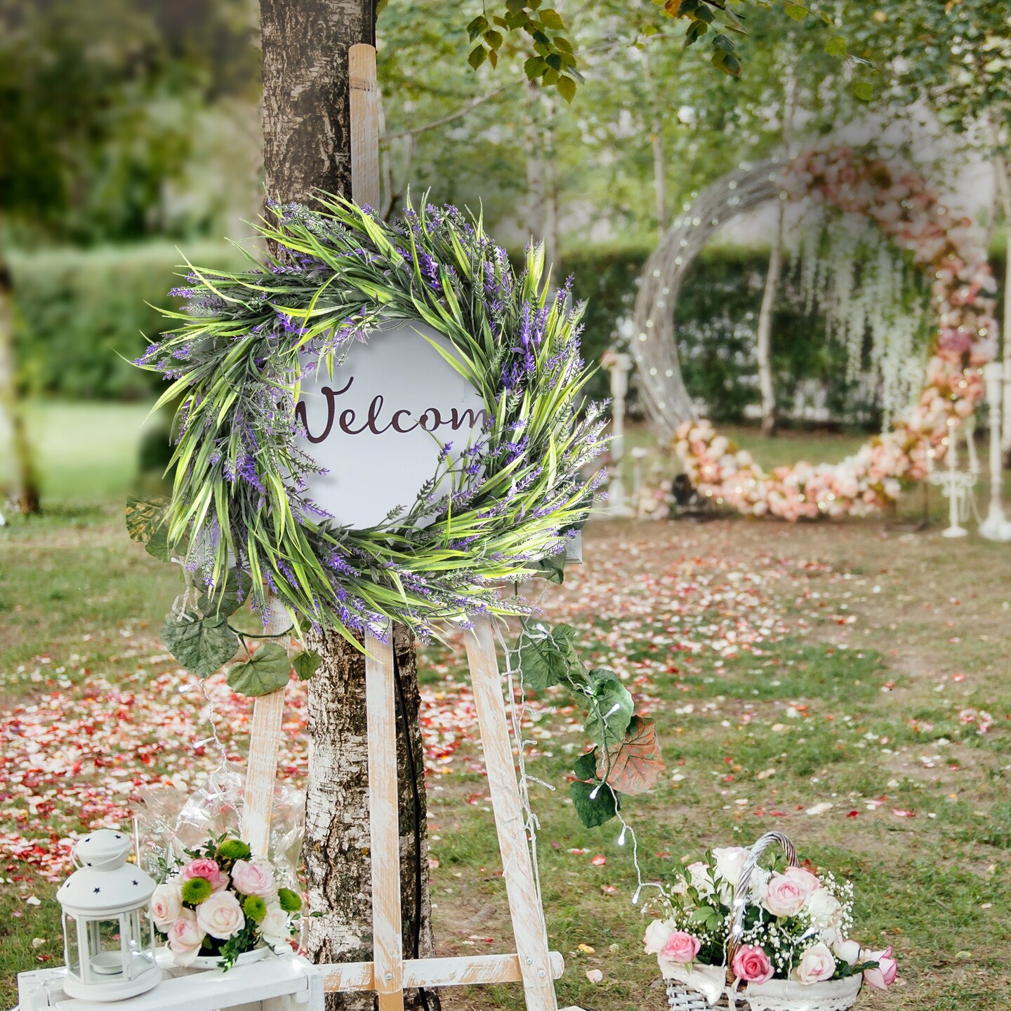 16&#x201D; Lavender Wreath Front Door Small Artificial Flower Farmhouse Purple Wreath for Wall Window Wedding Decor Outdoor Indoor Home Decoration