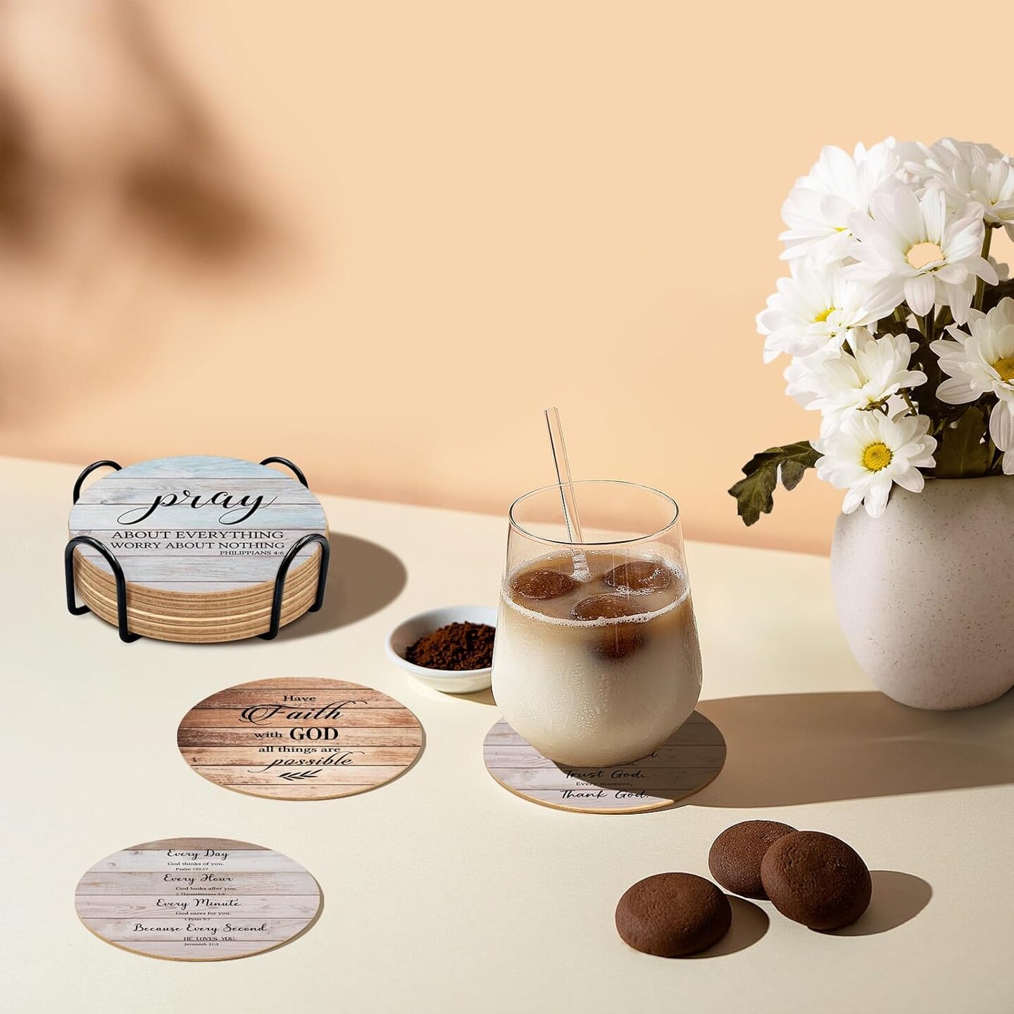 Bible Verses Coasters With Holder Set of 6 - Christian Gifts for Women, Cork Drink Coasters for Coffee Table Home Decor